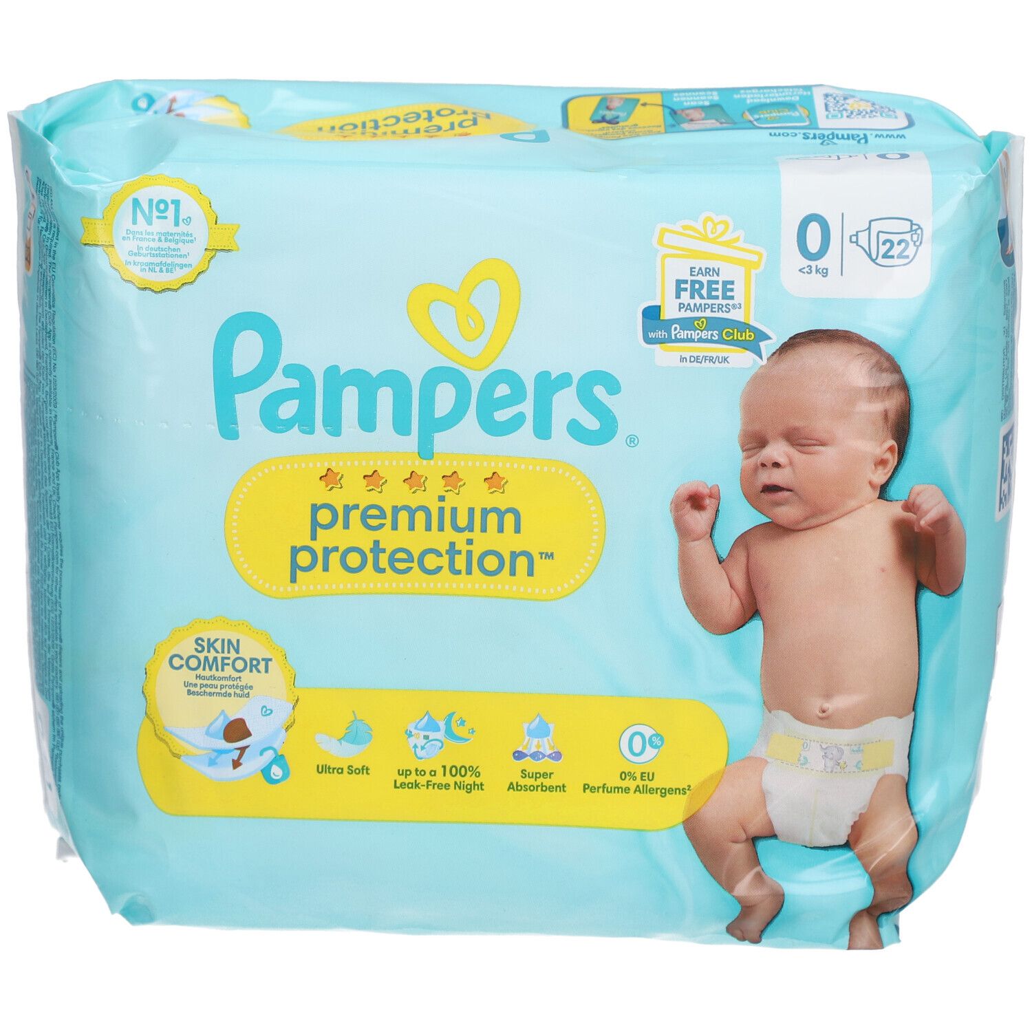 Pampers Premium Protection Windeln, Größe 0, < 3 kg, in Verpackung. Baby auf der Verpackung. Aufdrucke: Skin Comfort, Ultra Soft, etc.