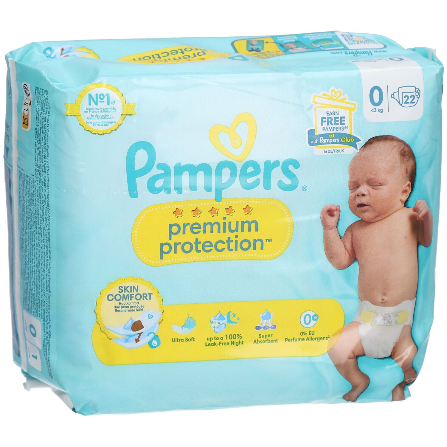 Pampers Premium Protection Windeln, Größe 0, < 3 kg, in Verpackung. Baby auf der Verpackung. Aufdrucke: Skin Comfort, Ultra Soft, etc.