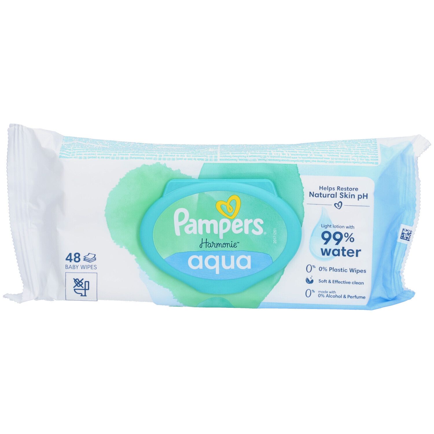 Verpakking vochtige doekjes. Opschrift: Pampers Harmonie Aqua. 48 doekjes. 99% water. 0% plastic. 0% alcohol & parfum.