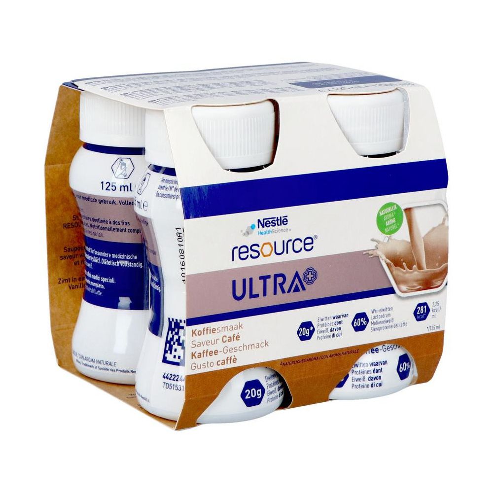 Emballage de quatre bouteilles. Inscription: Nestle Resource Ultra+, saveur café. Bouteilles blanches avec étiquette marron.