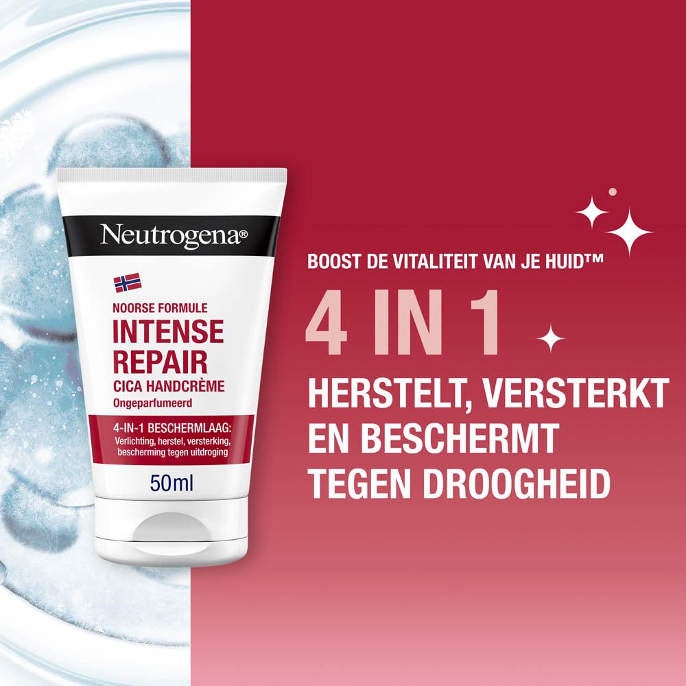 Neutrogena Intense Repair Cica Handcrème. Tube en tekst op rode achtergrond. 4 in 1: Herstelt, versterkt, beschermt.
