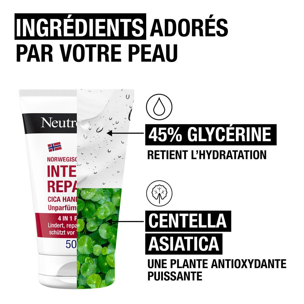 Neutrogena Intense Repair Cica Crème Mains. Ingrédients: 45% Glycérine, Centella Asiatica. Texte: Ingrédients adorés.