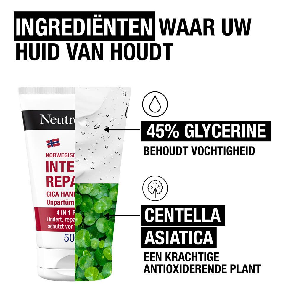 Neutrogena Intense Repair Cica Handcrème. Ingrediënten: 45% Glycerine, Centella Asiatica. Tekst: Ingrediënten waar uw huid van houdt.