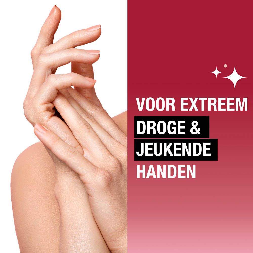 Handen met droge en jeukende huid. Tekst: Voor extreem droge & jeukende handen.