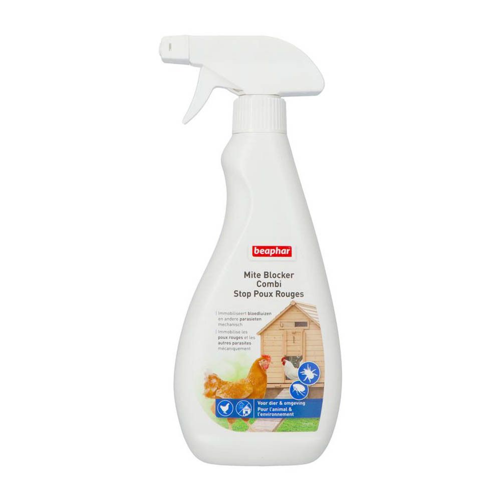 Witte spuitfles met rood etiket. Opschrift: beaphar, Mite Blocker Combi, Stop Poux Rouges. Afbeelding van kippen en een kippenhok.