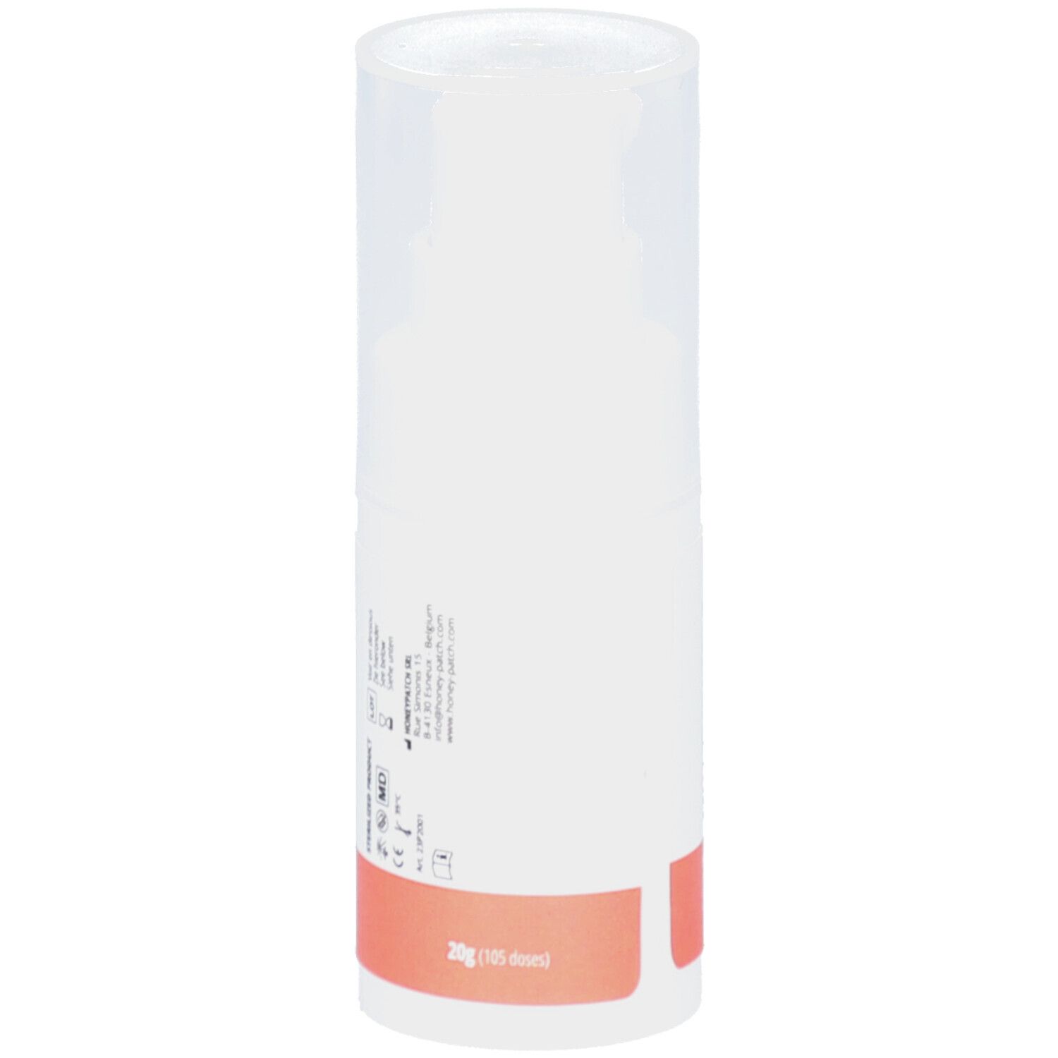 Zylindrische weiße Flasche mit transparentem Deckel. Aufkleber mit Text und orangefarbenem Streifen am Boden.