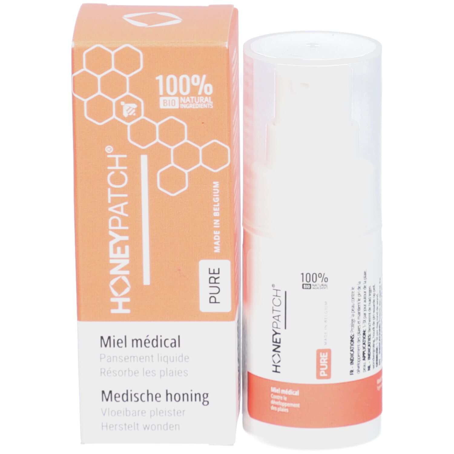 Weiße Flasche und Karton. Aufschrift HONEYPATCH, Miel médical, 100% natural ingredients.