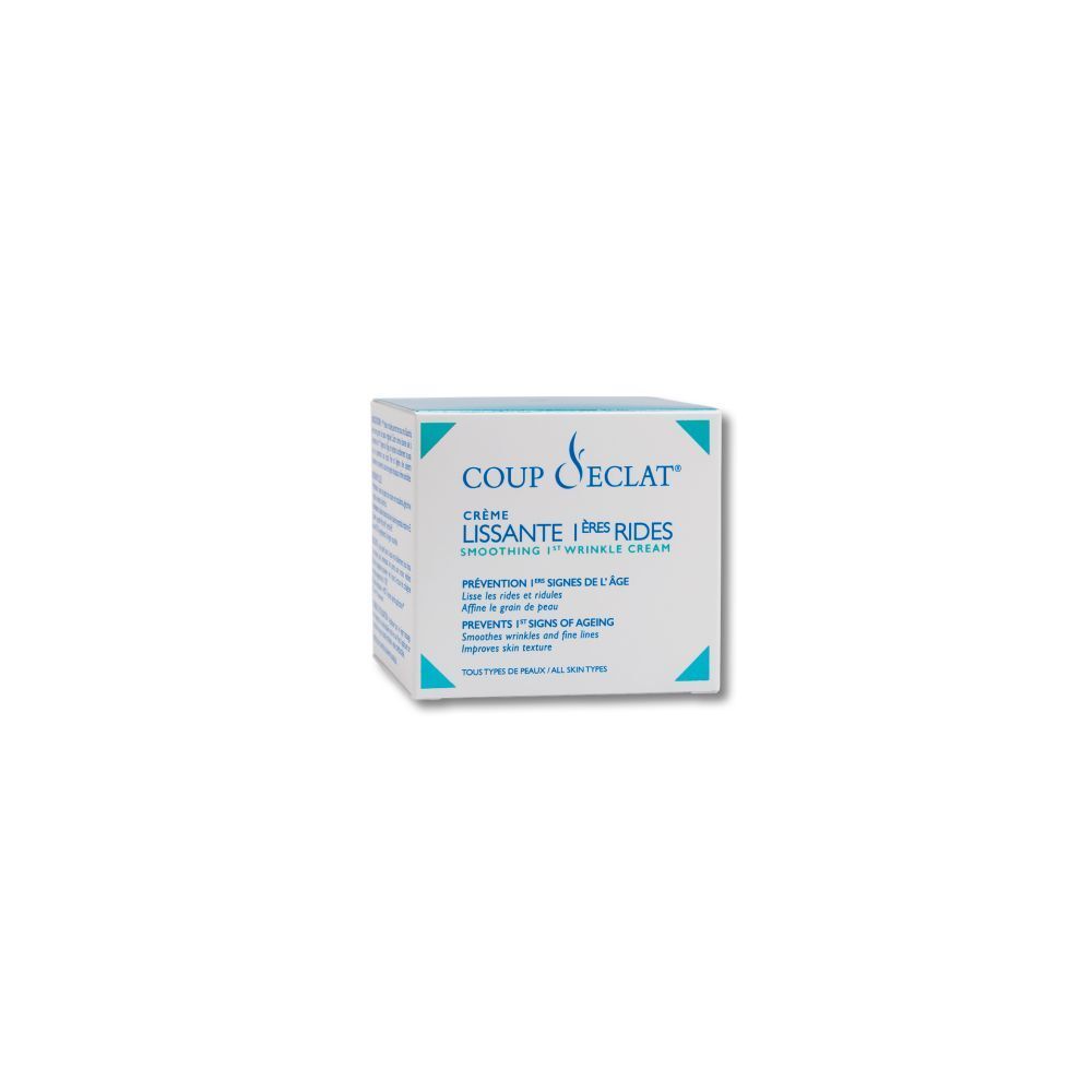 Coup d'Eclat® Crème Lissante Premières Rides. Weiße Schachtel mit blauer Schrift. Text: Crème Lissante 1ères Rides.