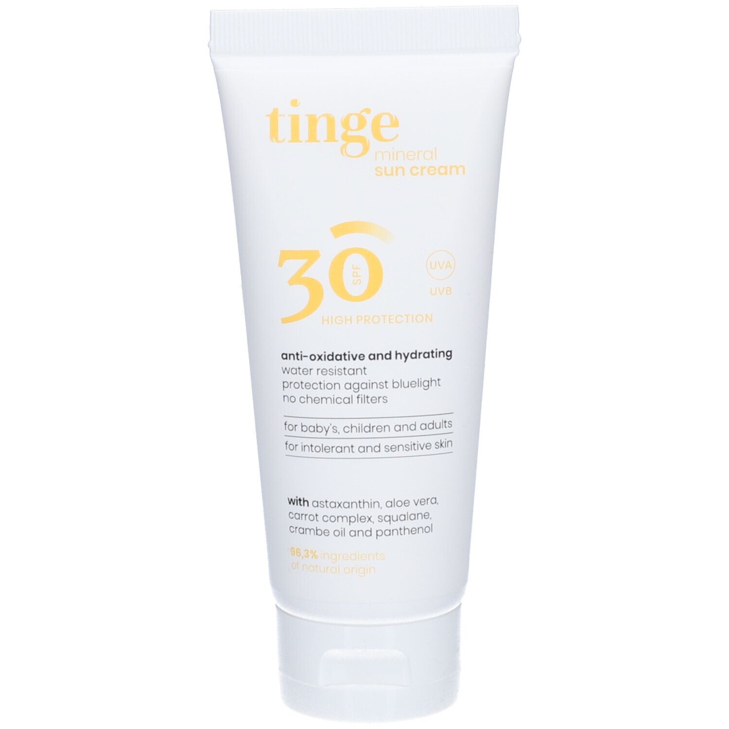 Tinge Mineralische Sonnencreme SPF30 Tube mit Klappdeckel.