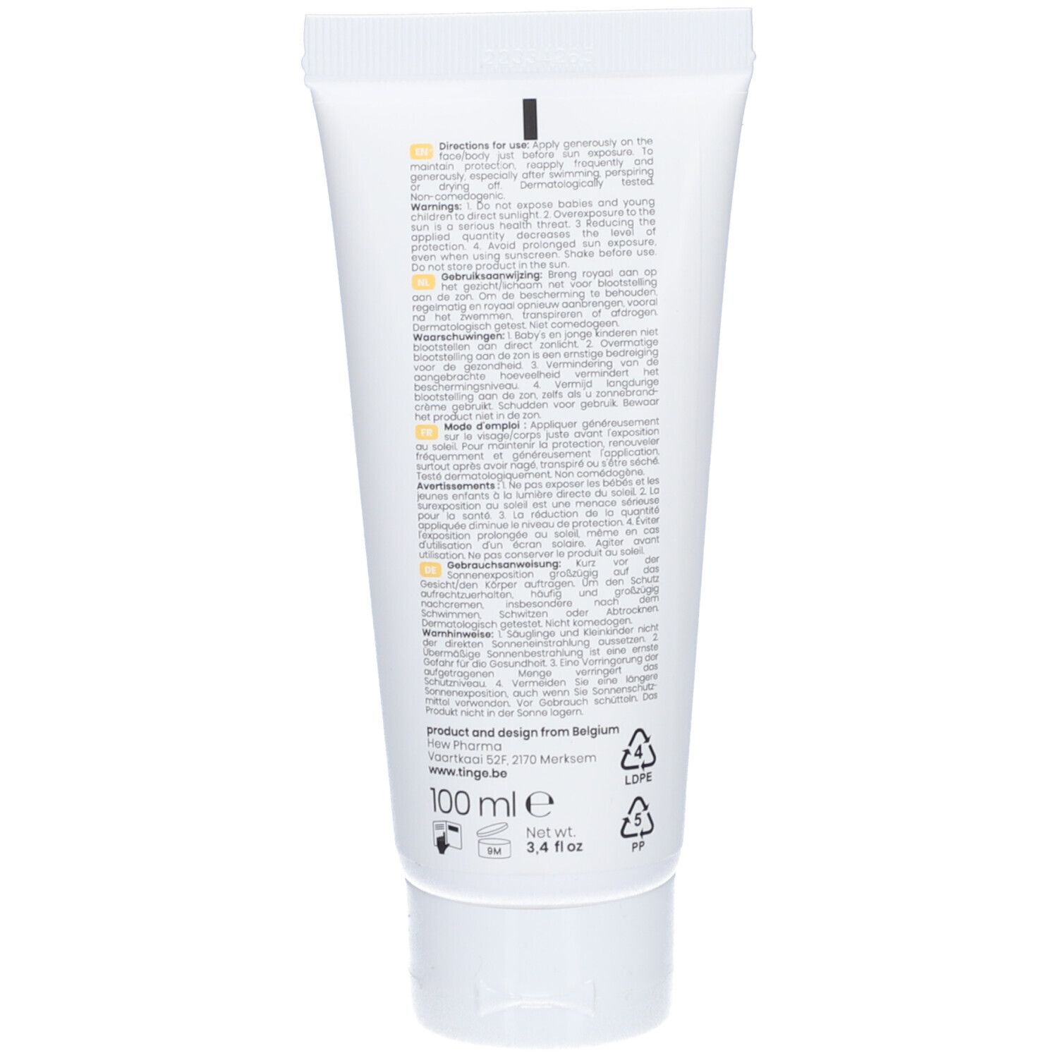 Rückseite der Tinge Mineralische Sonnencreme SPF30 Tube mit Anwendungshinweisen.
