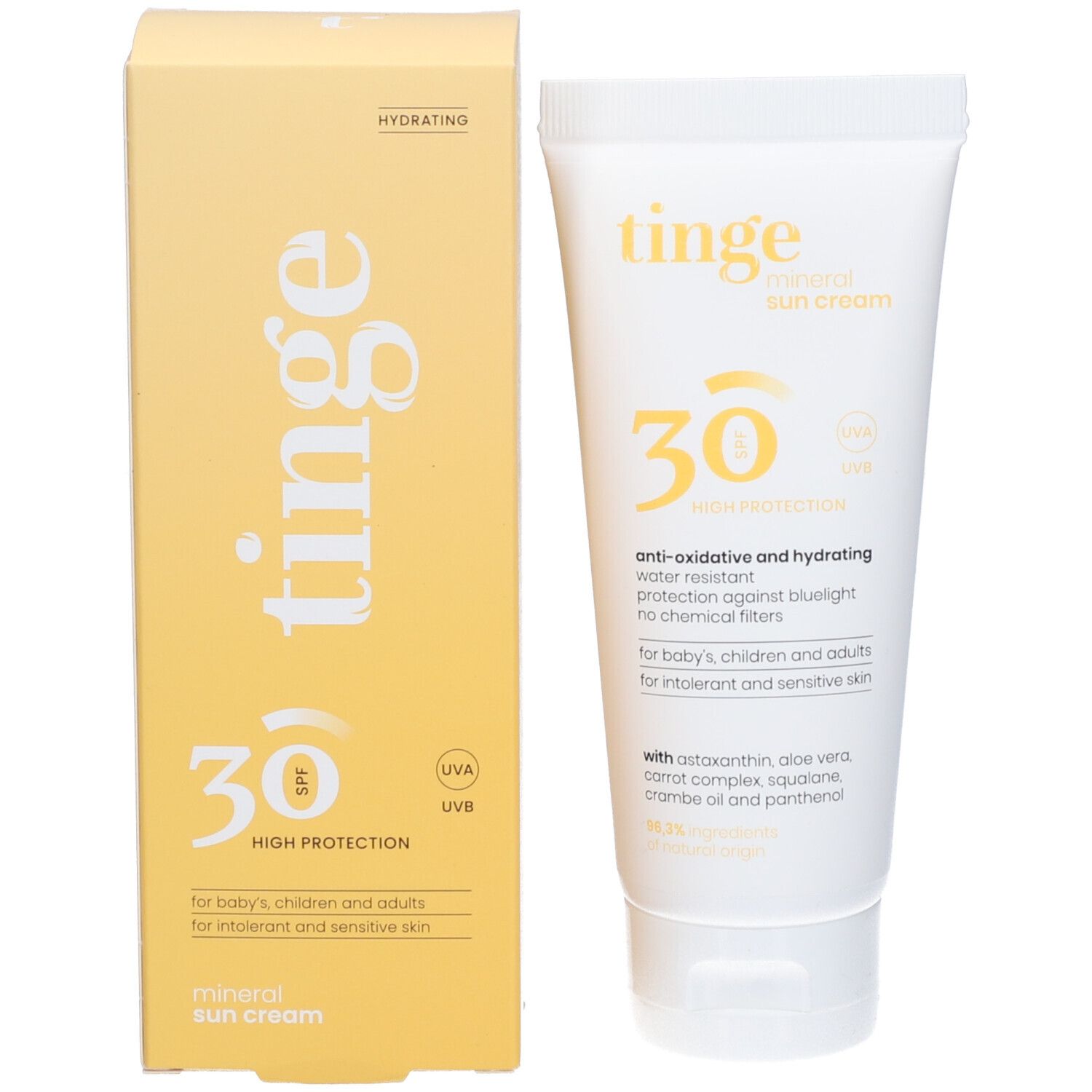Tinge Mineralische Sonnencreme SPF30 Tube und Faltschachtel.