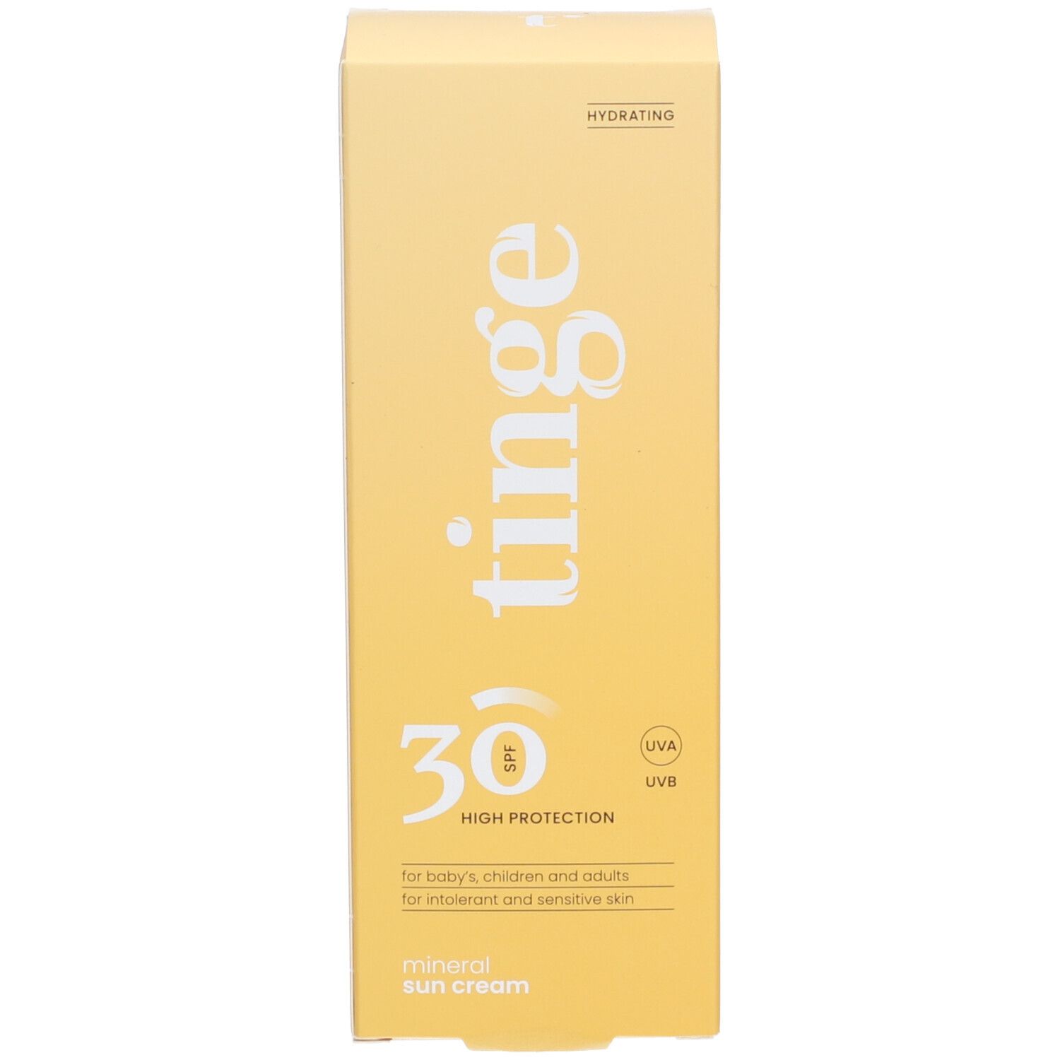 Vorderseite der Tinge Mineralische Sonnencreme SPF30 Faltschachtel.