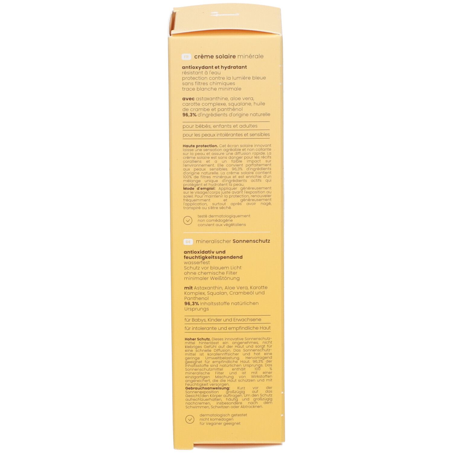Seitenansicht der Tinge Mineralische Sonnencreme SPF30 Faltschachtel mit Text.