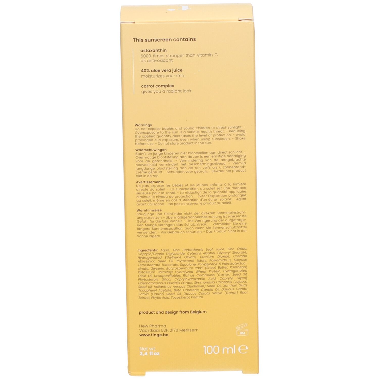 Seitenansicht der Tinge Mineralische Sonnencreme SPF30 Faltschachtel mit Text.