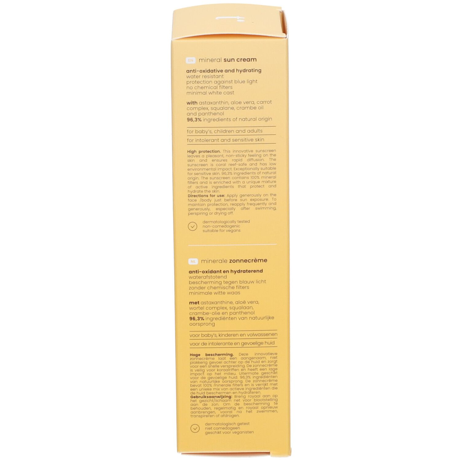 Seitenansicht der Tinge Mineralische Sonnencreme SPF30 Faltschachtel mit Text.