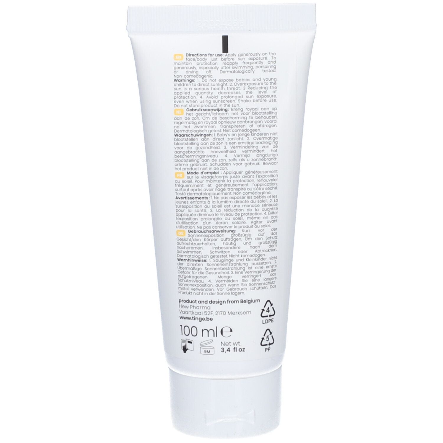 Rückseite der Tinge Mineralische Sonnencreme SPF50+ Tube.