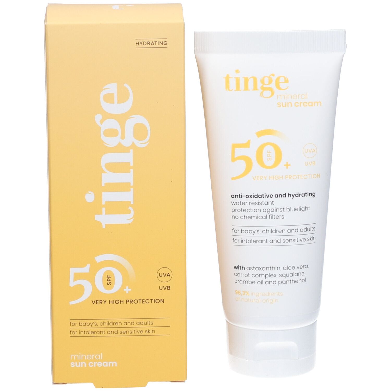 Tinge Mineralische Sonnencreme SPF50+ Tube und Karton.