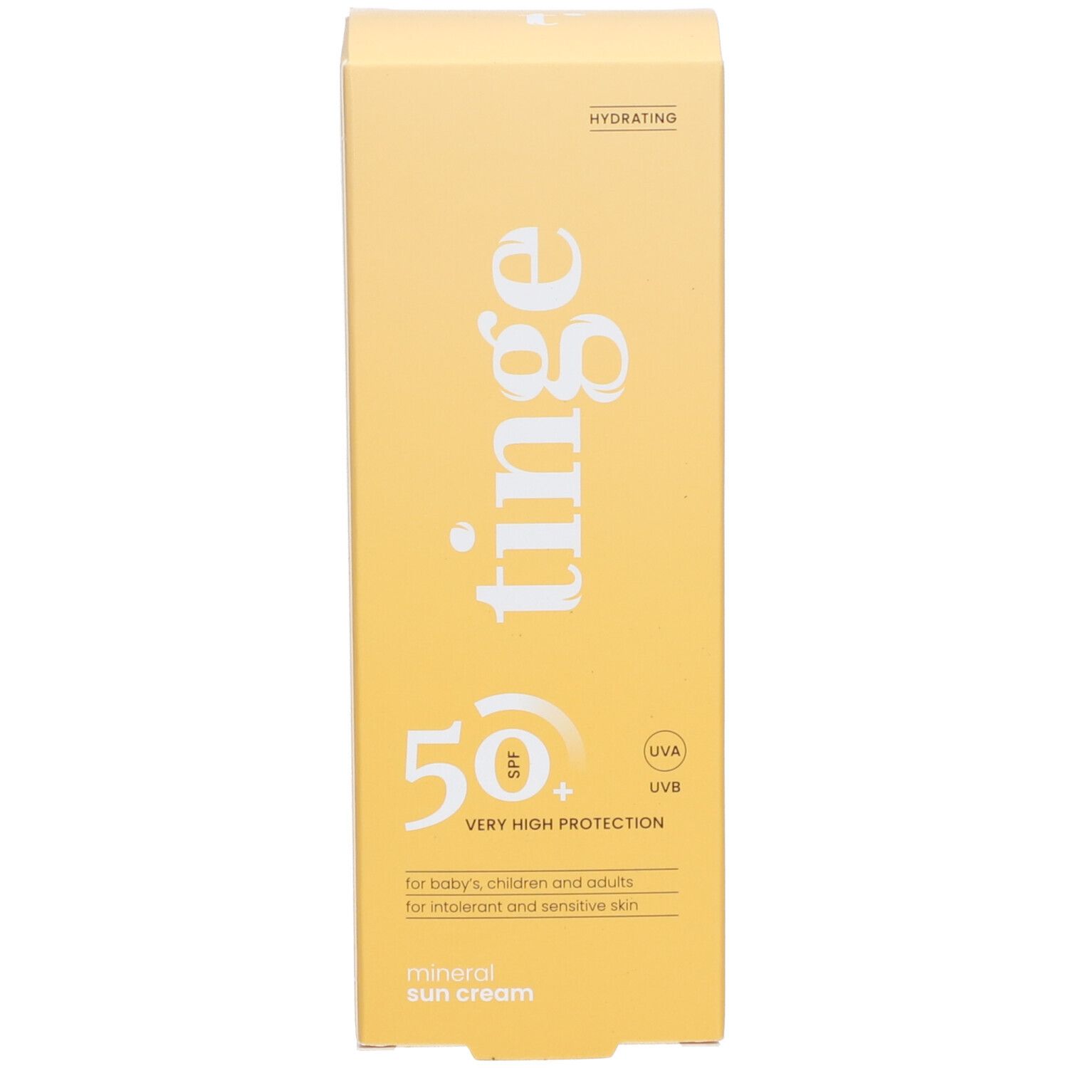 Vorderseite der Tinge Mineralische Sonnencreme SPF50+ Karton.