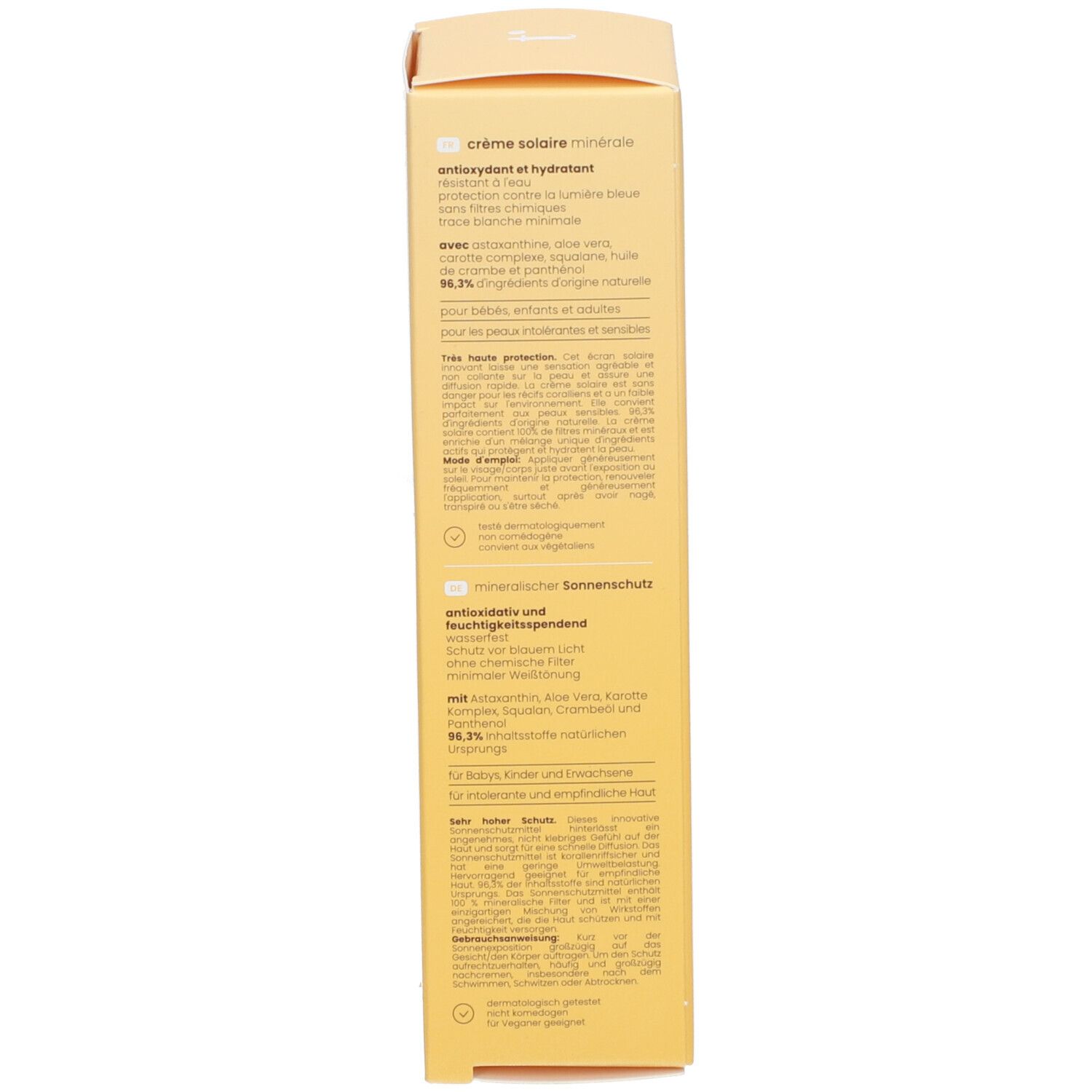 Seitenansicht der Tinge Mineralische Sonnencreme SPF50+ Karton.