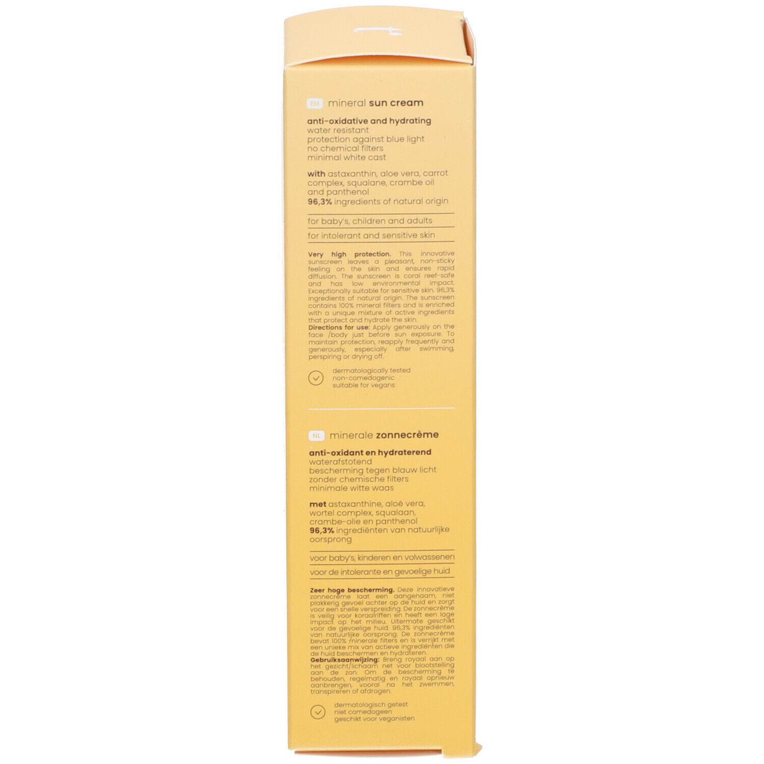 Tinge Mineralische Sonnencreme SPF50+ Karton mit Text.