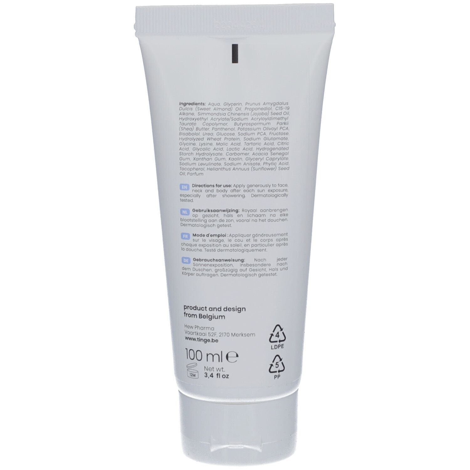 Rückseite der Tinge After Sun Gel-Creme Tube mit Inhaltsstoffen und Anwendungshinweisen.