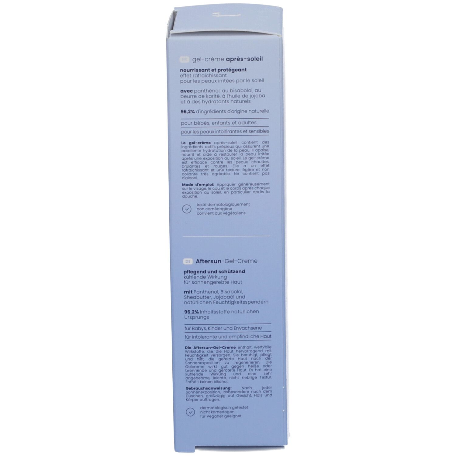 Rückseite der Tinge After Sun Gel-Creme Kartonverpackung mit mehrsprachigen Informationen.