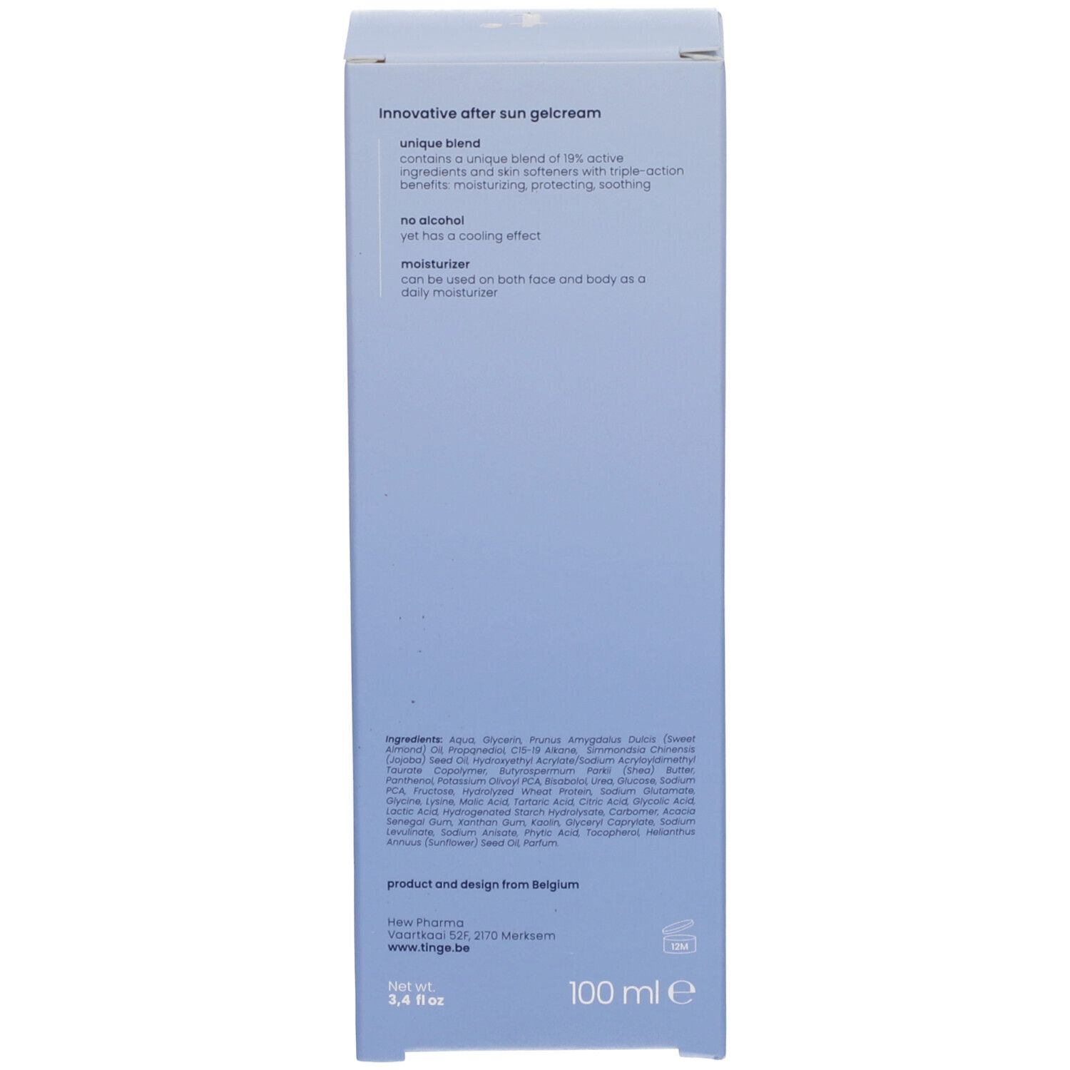 Seitenansicht der Tinge After Sun Gel-Creme Kartonverpackung mit Produktmerkmalen.