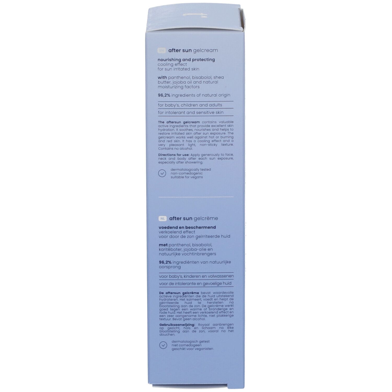 Seitenansicht der Tinge After Sun Gel-Creme Kartonverpackung mit mehrsprachigen Informationen.