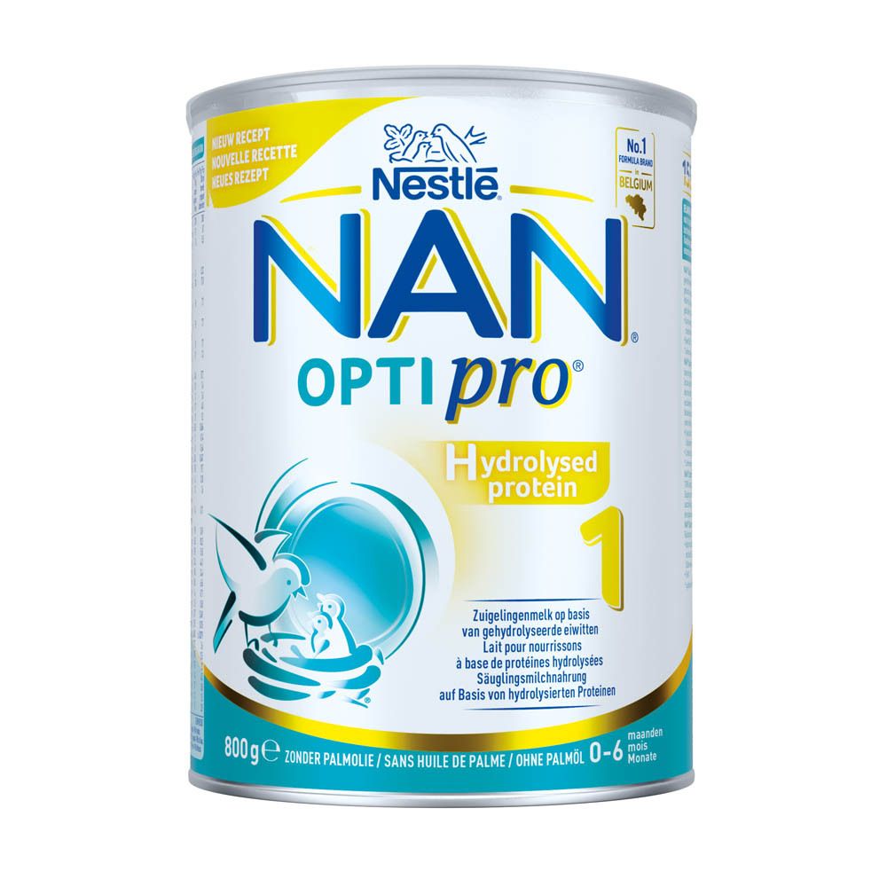 Boîte NAN Optipro 1, protéines hydrolysées. 800g. 0-6 mois. Logo Nestlé et désignation du produit.