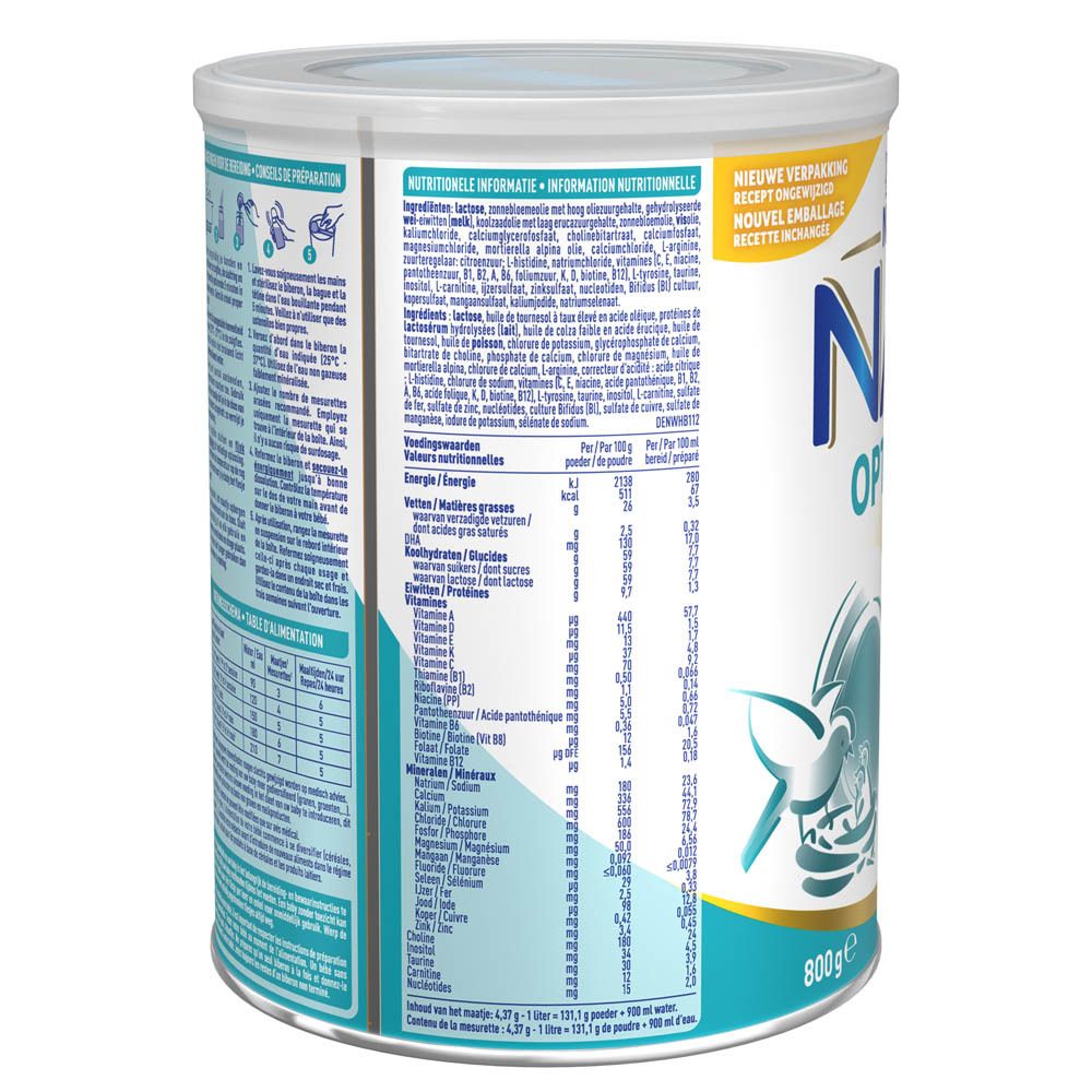 Witte blik melkpoeder, 800g. Bevat voedingswaarde-informatie en bereidingsinstructies.