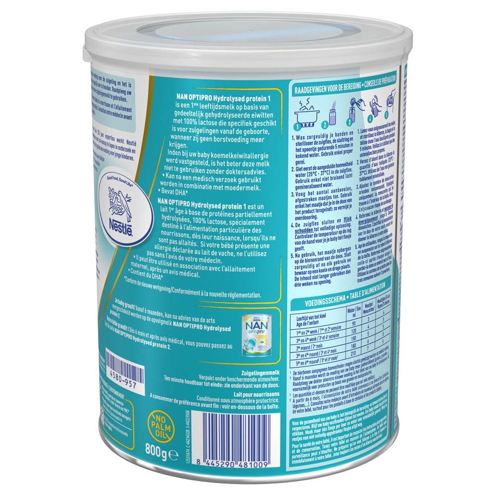 Dos de la boîte NAN Optipro 1. Texte sur l'utilisation et les ingrédients du produit.