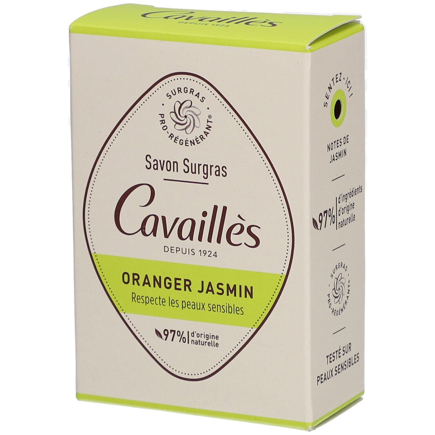 Doosje zeep Cavaillès. Oranje Jasmijn. 97% natuurlijke ingrediënten. Getest op gevoelige huid. Certificering.