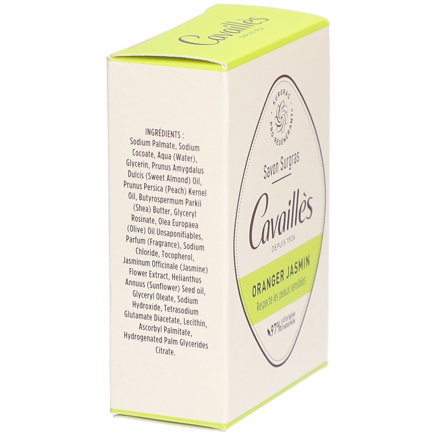 Doosje zeep Cavaillès. Ingrediëntenlijst. Oranje Jasmijn. 97% natuurlijke ingrediënten. Certificering.