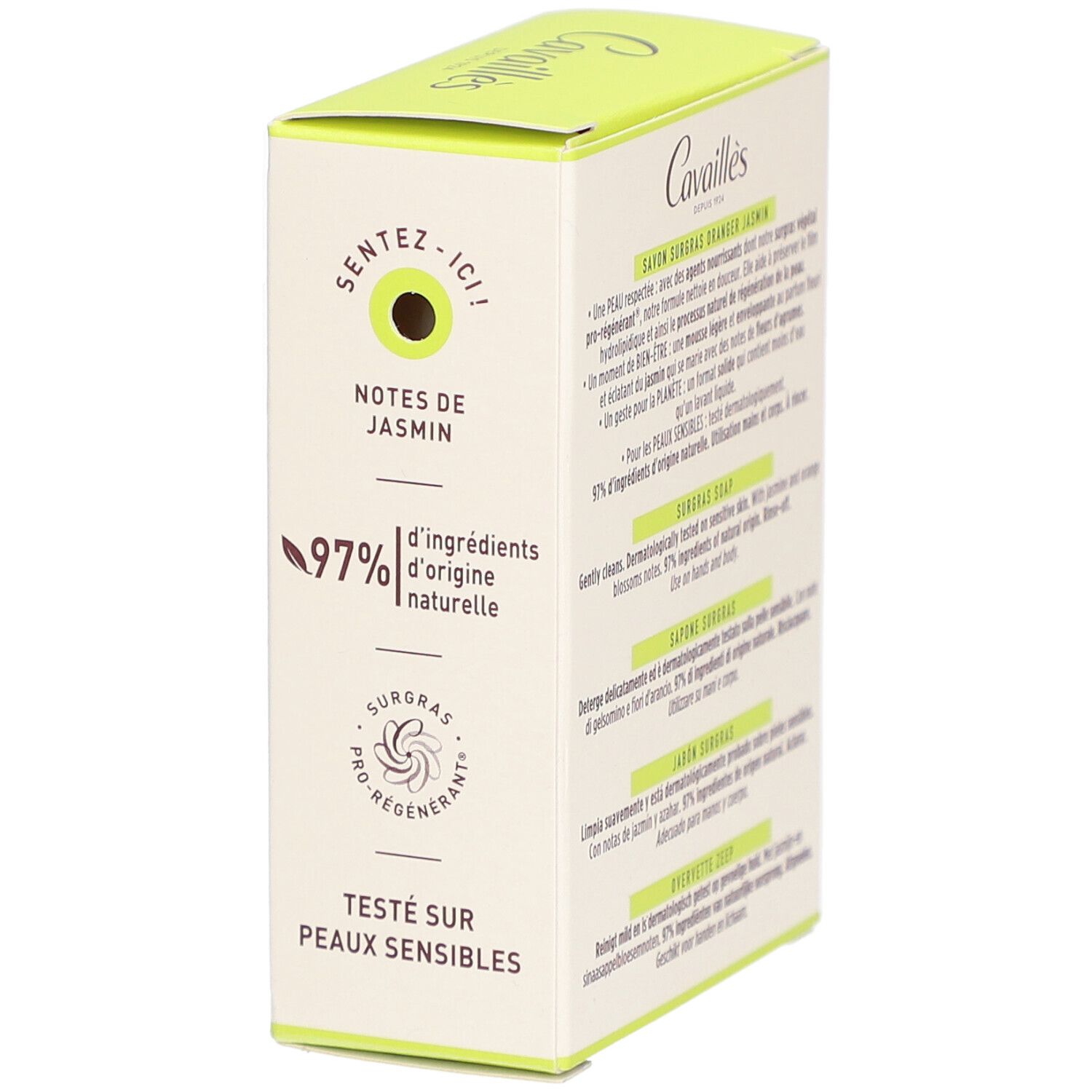 Doosje zeep Cavaillès. Oranje Jasmijn. 97% natuurlijke ingrediënten. Getest op gevoelige huid. Certificering.