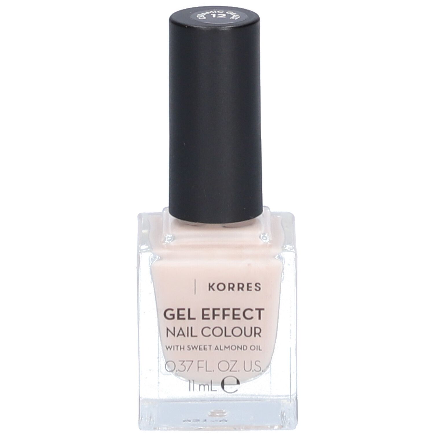 Korres Nagellack. Rechteckige Glasflasche mit schwarzem Deckel. Aufschrift: Gel Effect Nail Colour, 0.37 FL. OZ. U.S., 11 ml.