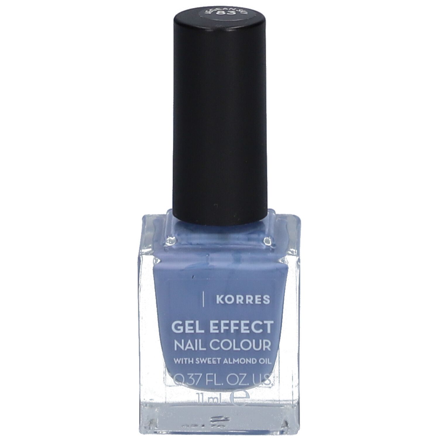 Nagellackflasche, quadratisch, blau, mit schwarzem Deckel. Schriftzug: Korres, Gel Effect Nail Colour, 0.37 fl. oz. US, 11 ml.
