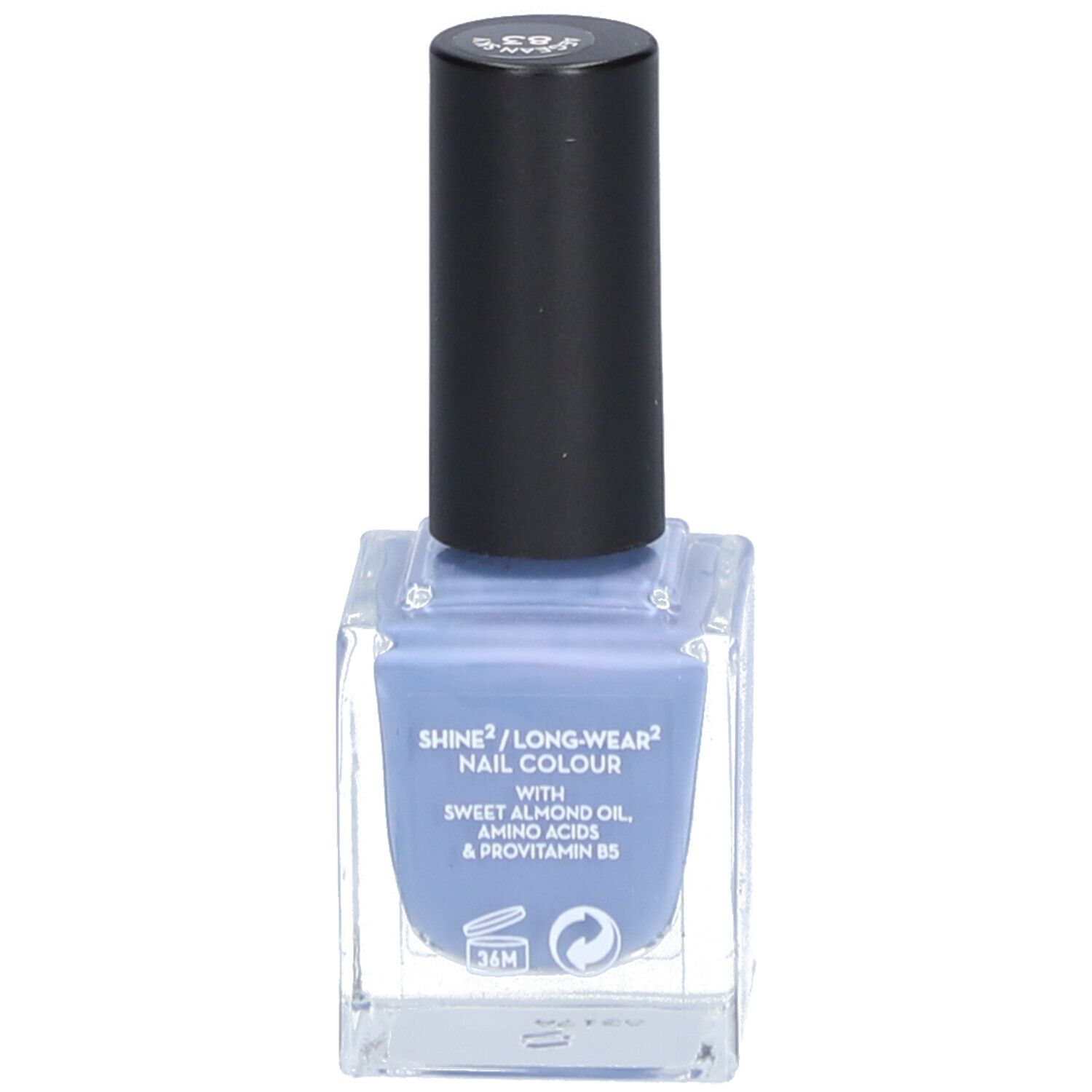 Nagellackflasche, quadratisch, blau, mit schwarzem Deckel. Schriftzug: Shine/Long-wear, Nail Colour, mit Süßmandelöl, Aminosäuren & Provitamin B5.