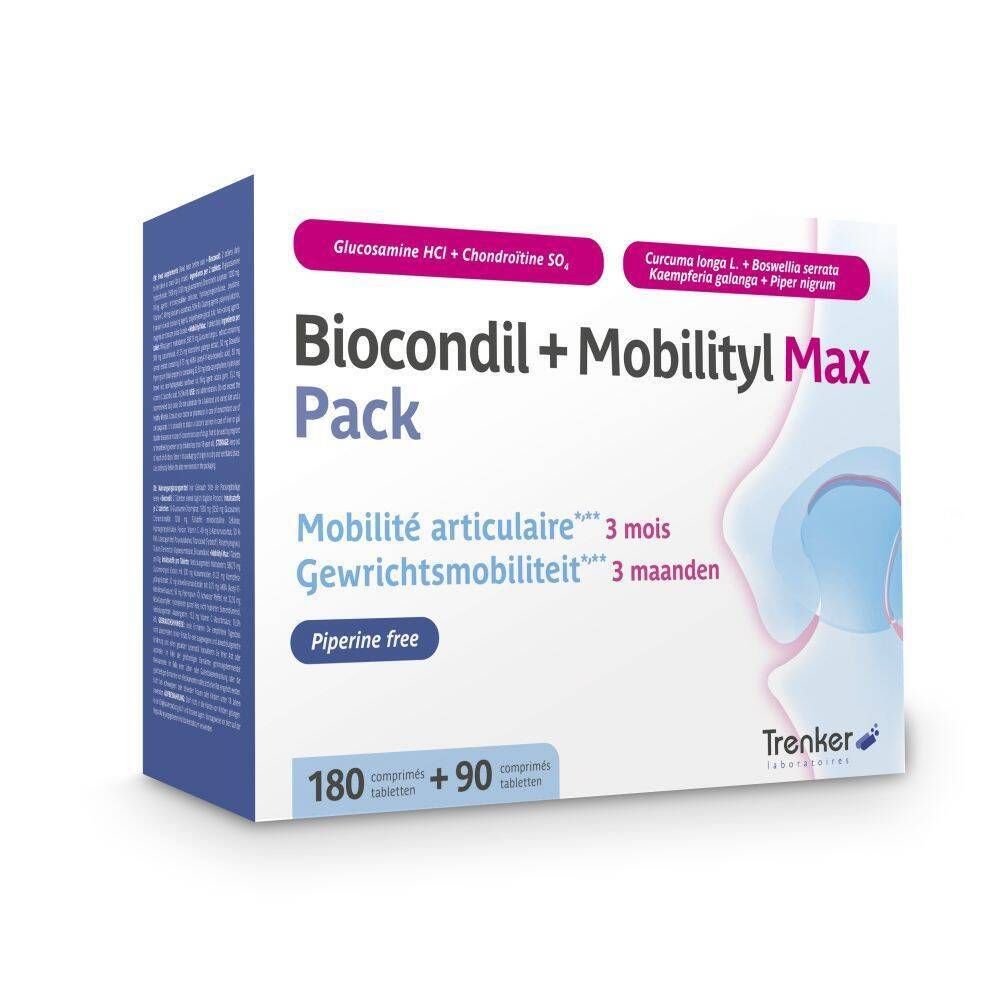 Boîte Biocondil + Mobilityl Max. Contient 180 + 90 comprimés. Inscription : Mobilité articulaire 3 mois. Marque : Trenker.