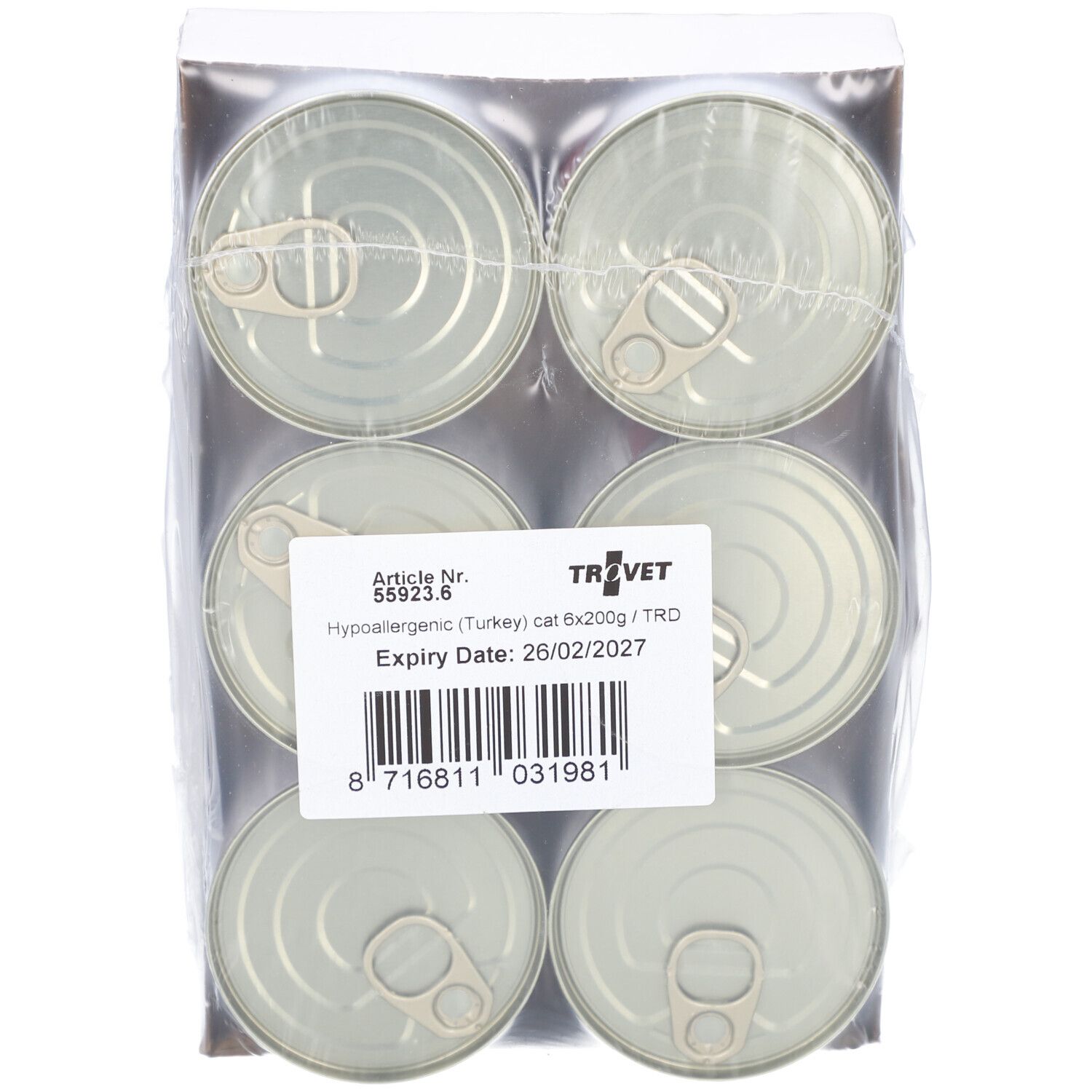 6 Dosen Katzenfutter, verpackt in Folie. Etikett mit Produktinformationen und Barcode.