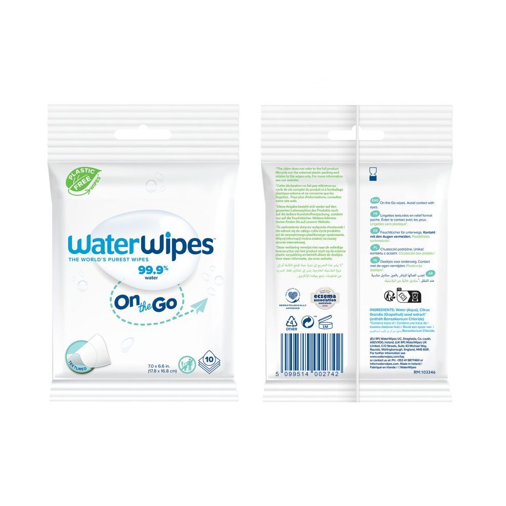 Verpackung mit "WaterWipes"-Logo, "On the Go" und "99.9% water". Rückseite mit Text in mehreren Sprachen und Barcode.
