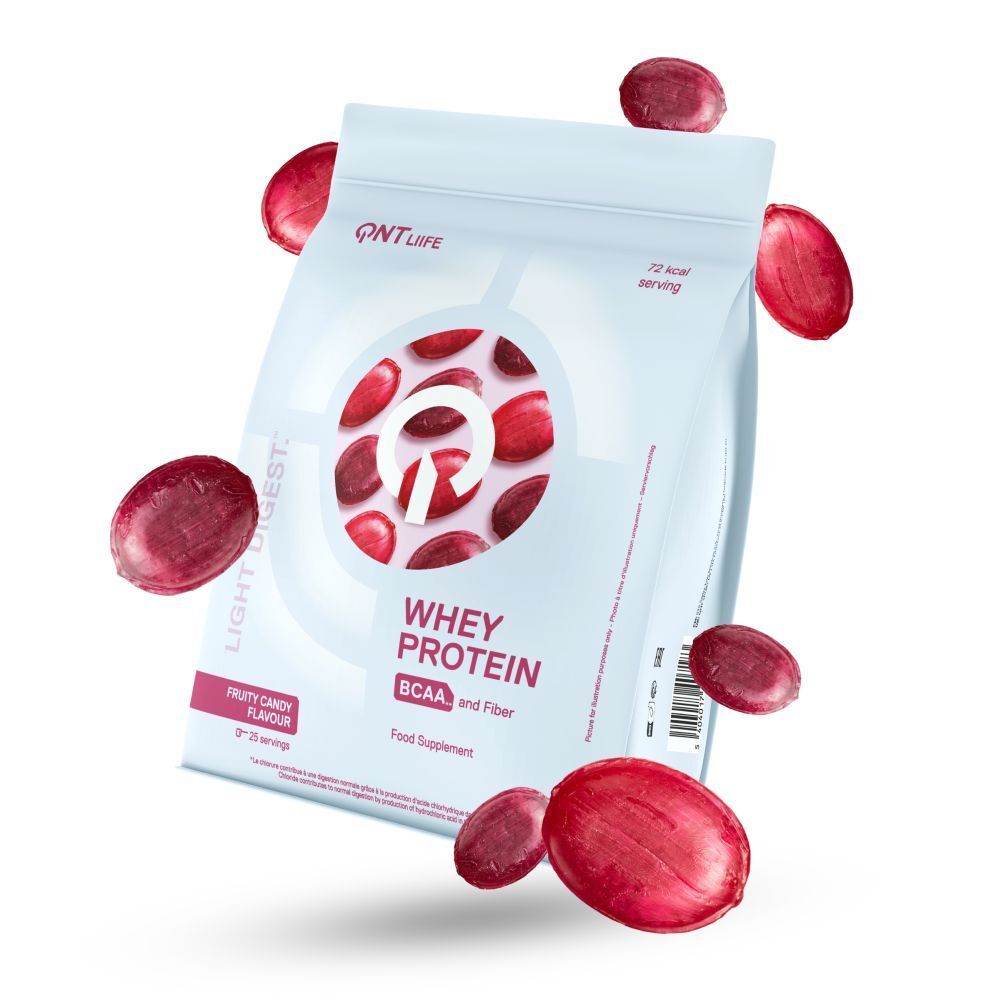 Sachet blanc avec contenu rouge et inscription. Contient des protéines de lactosérum, BCAA et fibres. Goût bonbon fruité.