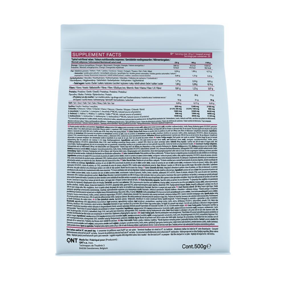 Dos d'un sachet blanc avec informations nutritionnelles. Contient des informations sur les protéines, les graisses, les glucides et les fibres.