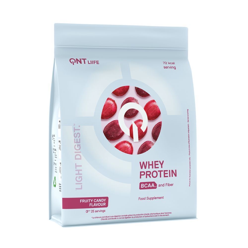 Sachet blanc avec contenu rouge et inscription. Contient des protéines de lactosérum, BCAA et fibres. Goût bonbon fruité.