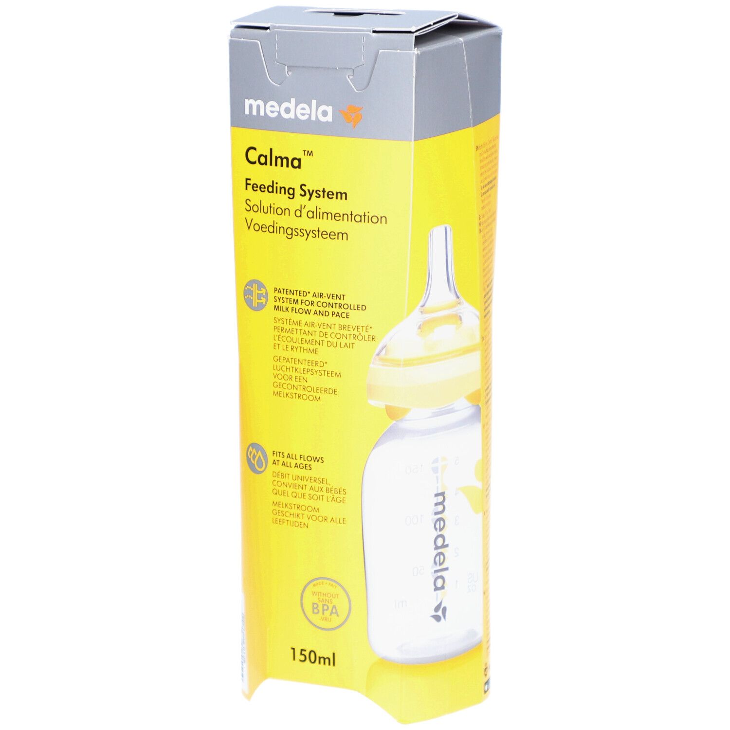 Medela Calma Feeding System. Flasche mit gelbem Sauger und gelber Verpackung. BPA-frei. 150ml.