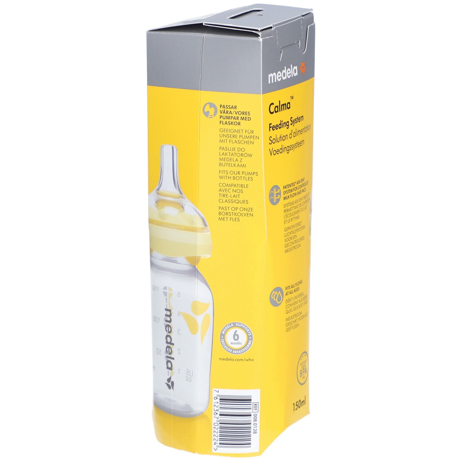 Medela Calma Feeding System. Gelbe Verpackung mit Flasche. 6 Monate Garantie. 150ml.