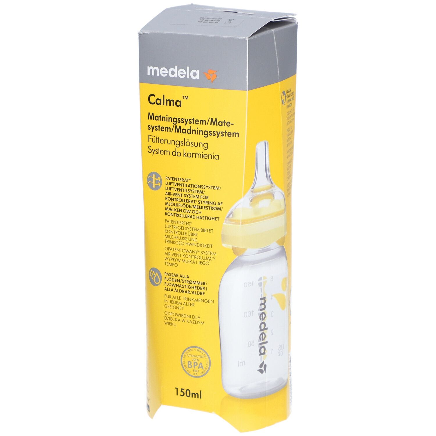 Medela Calma Feeding System. Gelbe Verpackung mit Flasche. BPA-frei. 150ml.