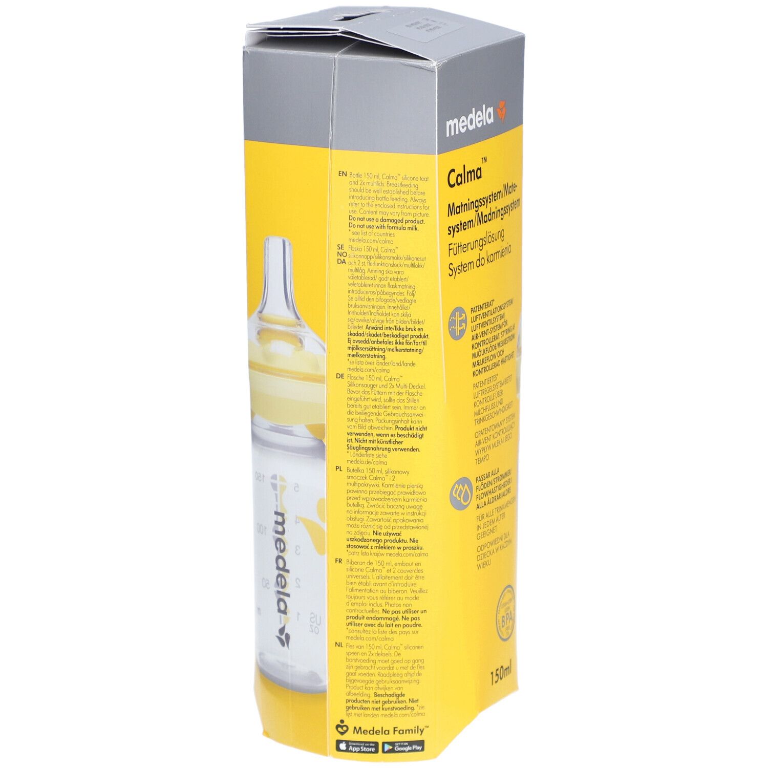 Medela Calma Feeding System. Gelbe Verpackung mit Flasche. 150ml. Text auf Verpackung.