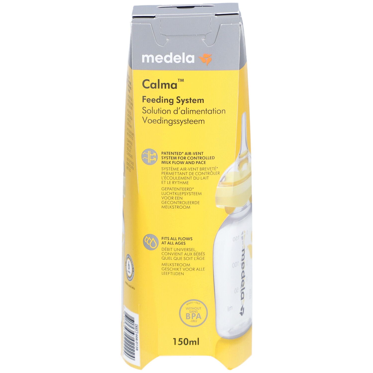Medela Calma Feeding System. Gelbe Verpackung mit Flasche. BPA-frei. 150ml.