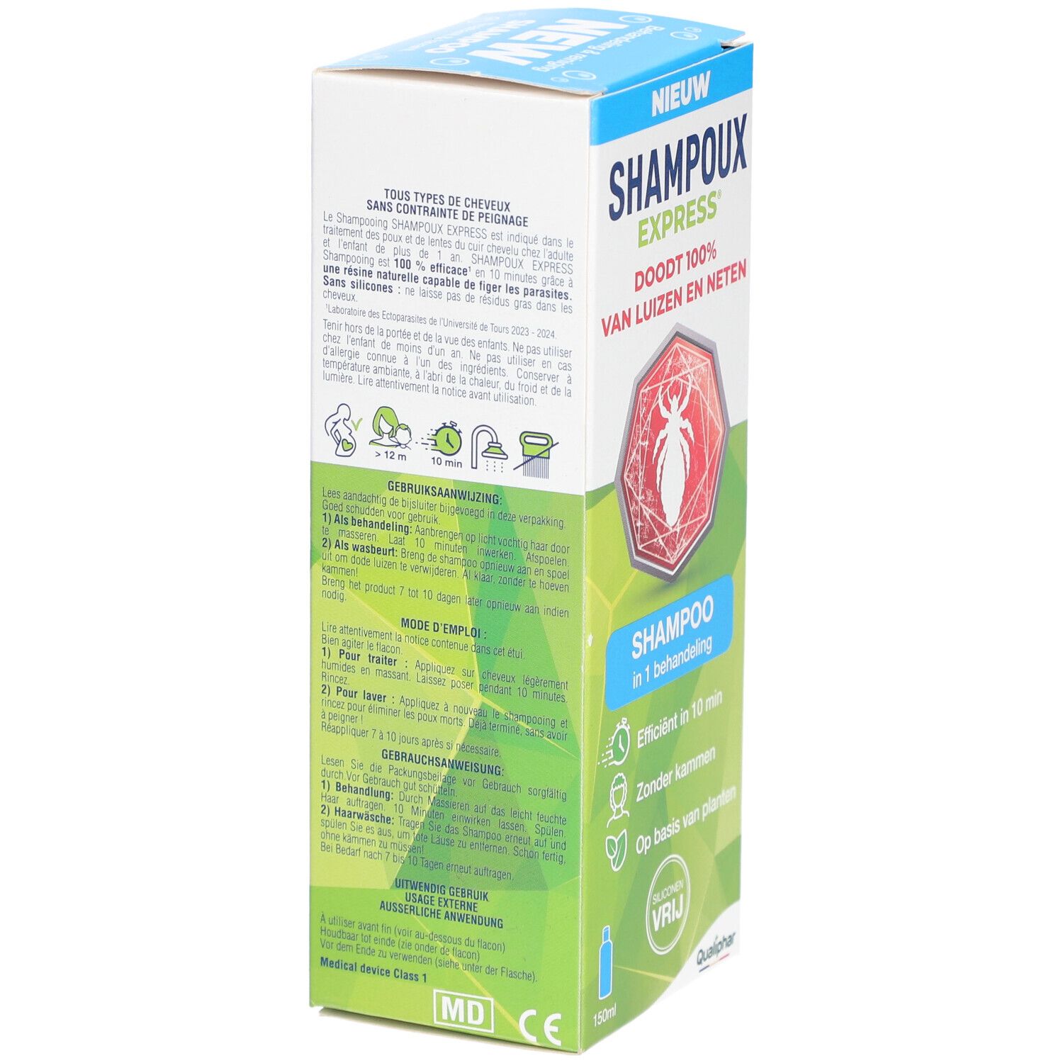 Rückseite der Shampoux Express Shampoo-Verpackung. Text und Anwendungsanweisungen in mehreren Sprachen.