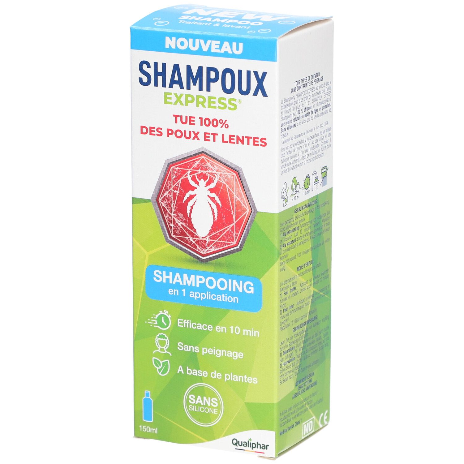 Schachtel mit Shampoux Express Shampoo. Rotes Logo mit Insekt. Text: Shampooing, 1 Anwendung.